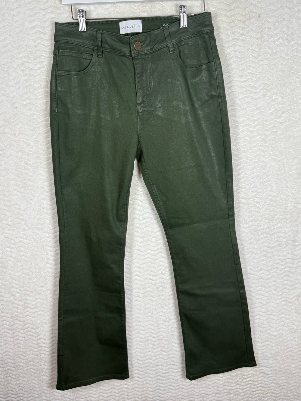 Lola Jeans Shiny Coated Olive Green Straight Leg Pants